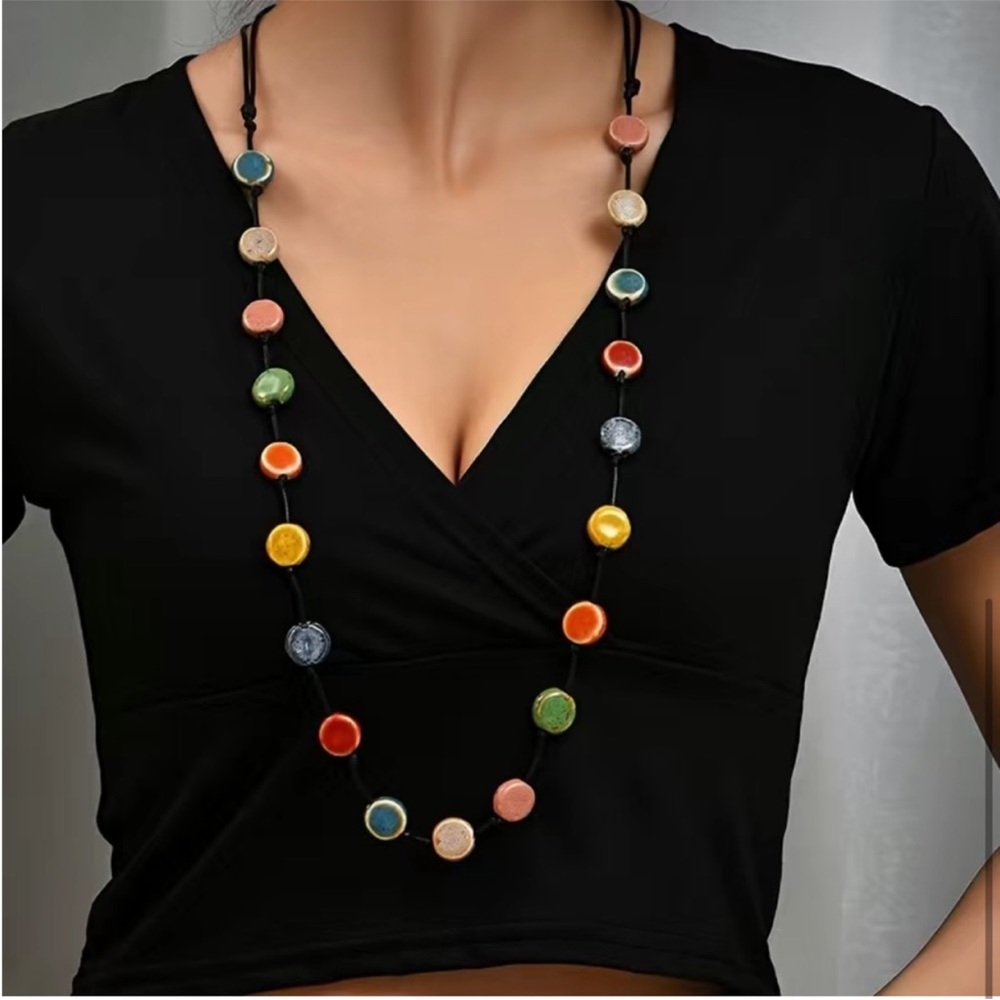 Boho Flat Bead Necklace Female Retro Ethnic Style Niche Stylish Sweater Necklace